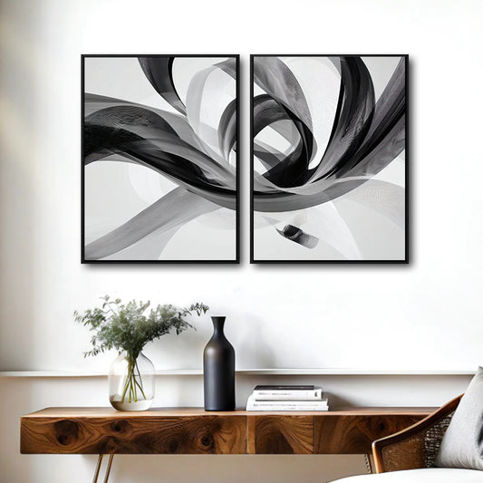 2 Piece Modern Grey Black Fluid Wave Abstract Canvas Prints Translucent Silk Ribbon Contemporary Neutral Wall Art