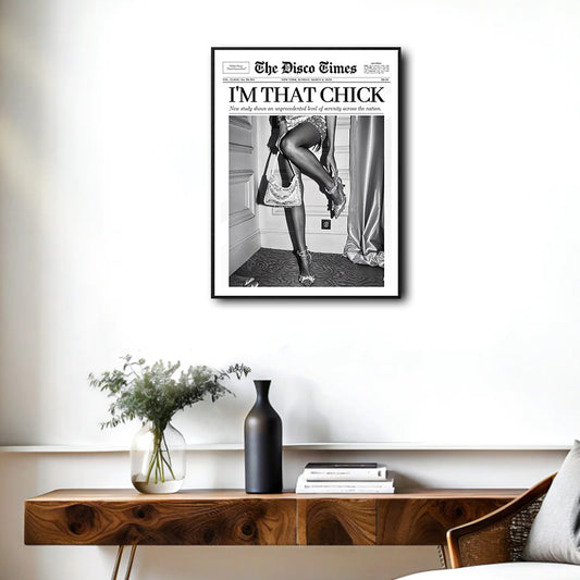 I'm That Chick Newspaper Wall Art, Retro Disco Times Poster, Black White Fashion Canvas Print, Trendy Girl Room Wall Decor