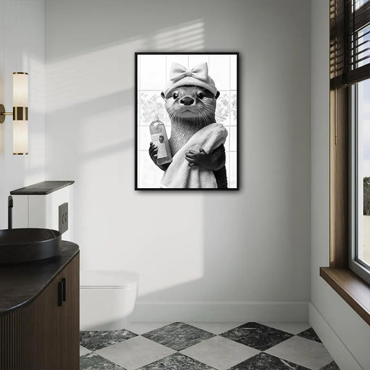 Funny Spa Otter Bathroom Wall Art, Otter With Shower Cap Bow Towel Soap Bottle Black White Canvas Print, Quirky Animal Restroom Wall Decor