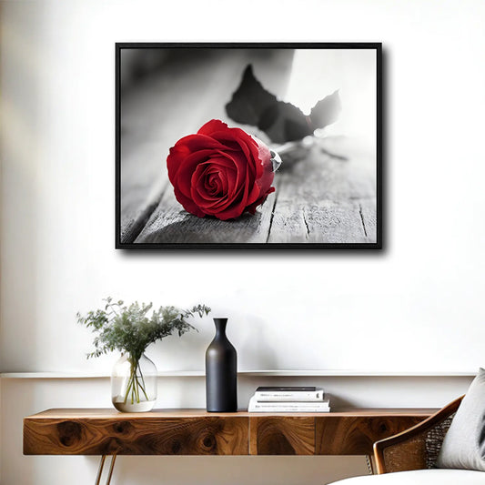Valentine Single Red Rose Canvas Wall Art, Selective Color Red Rose on Rustic Grey Wooden Plank Framed Canvas Print, Romantic Farmhouse Bedroom Decor