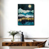 Boho Mountain Forest Night Canvas Wall Art, Full Moon Starry Sky Landscape Print, Teal Gold Abstract Nature Wall Decor for Living Room Bedroom