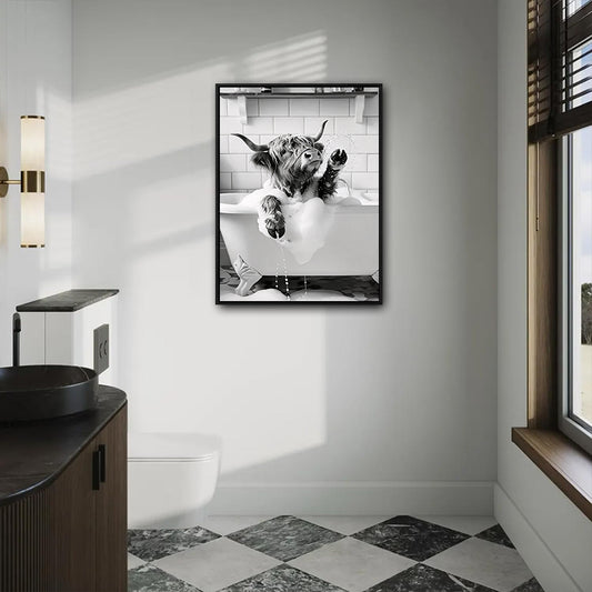 Black And White Highland Cow In Bubble Bathtub Canvas Wall Art Funny Farmhouse Bathroom Wall Decor