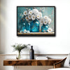 Teal Blue Glass Mason Jars White Daisy Hydrangea Canvas Wall Art, Faith Hope Love Floral Still Life Horizontal Print, Farmhouse Rustic Country Flower Wall Decor