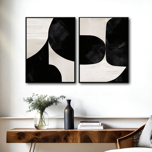Set of 2 Black and Off White Curved Shape Abstract Canvas Wall Art Textured Mid Century Modern Framed Wall Decor Living Room Bedroom