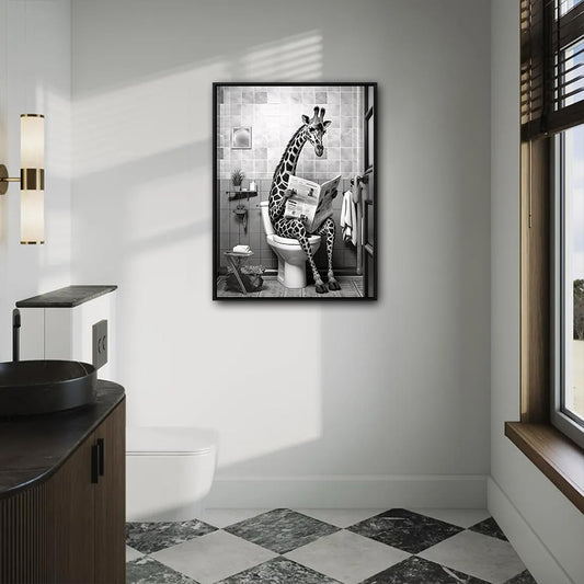 Funny Giraffe On Toilet Reading Newspaper Canvas Wall Art Cute Bathroom Decor