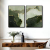 2 Piece Muted Dark Emerald Green Gold Line Abstract Canvas Prints Modern Organic Fluid Ink Neutral Wall Art