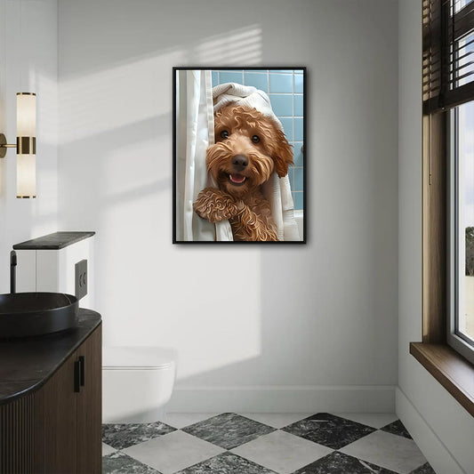 Funny Goldendoodle Bath Time Wall Art, Curly Dog Peeking From Shower Curtain Canvas Print, Quirky Dog Bathroom Wall Decor