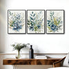 Set of 3 Teal Blue Floral Botanical Watercolor Canvas Wall Art
