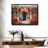 Patriotic Red Rose Colonial House American Flag Canvas Wall Art, Farmhouse Floral Front Porch Canvas Painting