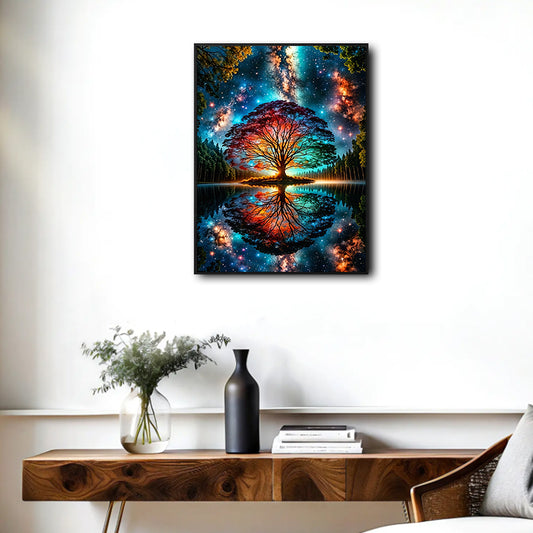 Magical Tree of Life Galaxy Reflection Canvas Wall Art, Colorful Rainbow Tree Lake Milky Way Starry Sky Vertical Print, Fantasy Cosmic Nature Landscape Wall Decor