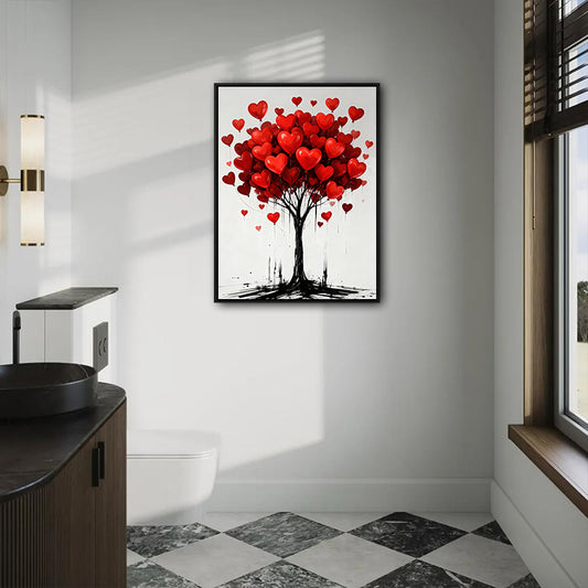 Valentine Red Heart Tree Canvas Wall Art, Ink Style Love Heart Tree Framed Canvas Print, Romantic Modern Bedroom Couple Wall Decor