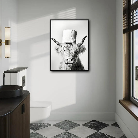 Funny Highland Cow Toilet Paper Hat Canvas Wall Art Farmhouse Bathroom Decor