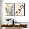 Set of 2 Boho Sun Moon Arch Palm Leaf Neutral Canvas Wall Art