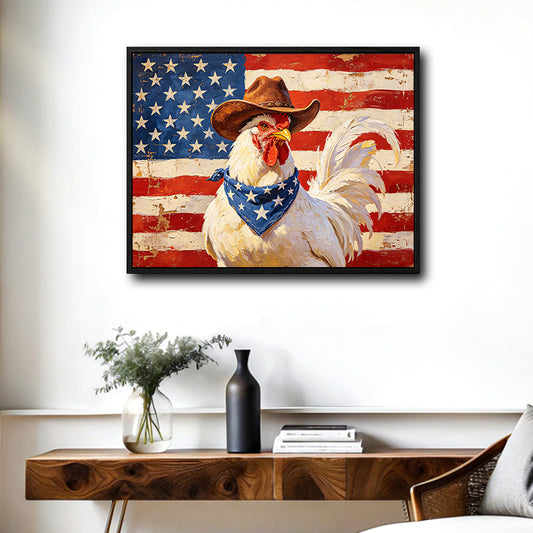 Rustic Cowboy Rooster American Flag Canvas Wall Art, Patriotic Farm Chicken Country Farmhouse Canvas Painting