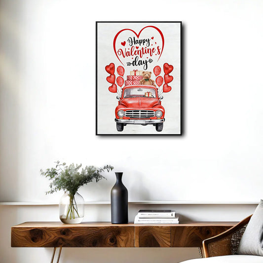 Valentine Red Vintage Truck Canvas Wall Art, Happy Valentine's Day Heart Balloon Teddy Bear Gift Framed Canvas Print, Farmhouse Romantic Home Wall Decor