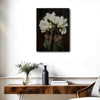 Black Woman With White Peony Flowers Canvas Wall Art, Elegant African American Woman Floral Portrait Painting, Dark Moody Botanical Lady Wall Decor
