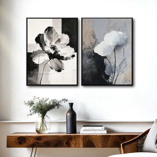 2 Piece Textured Abstract Floral Canvas Prints Monochrome Poppy Painting Modern Organic Neutral Wall Art