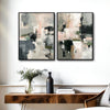 2 Piece Neutral Impasto Abstract Canvas Prints Soft Pink Dark Green Grey Block Painting Organic Modern Wall Art