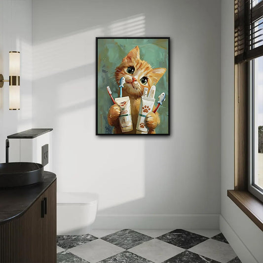 Cute Orange Cat Brushing Teeth Canvas Wall Art Kids Bathroom Cat Decor