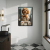Goldendoodle Dog On Toilet With Phone Canvas Wall Art, Funny Paw Print Pajamas Dog Vertical Print, Humorous Bathroom Restroom Wall Decor