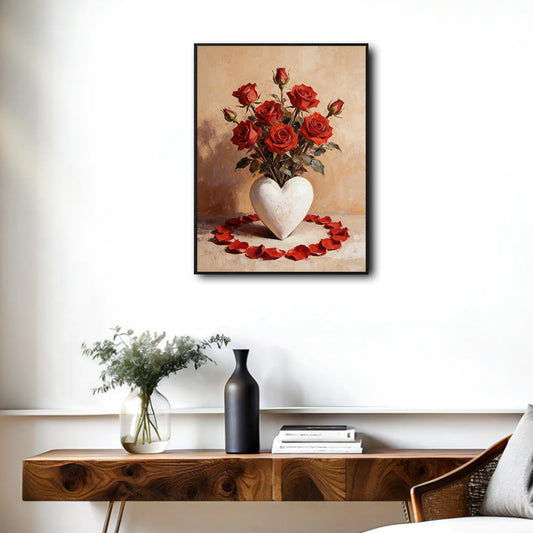 Valentine Red Roses in White Heart‑Shaped Vase Canvas Wall Art, Vintage Oil Painting Still Life with Rose Petals Framed Canvas Print, Romantic Bedroom Wall Decor