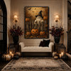 Vintage Ghost Witch Hat Pumpkin Fence Halloween Framed Wall Art Print