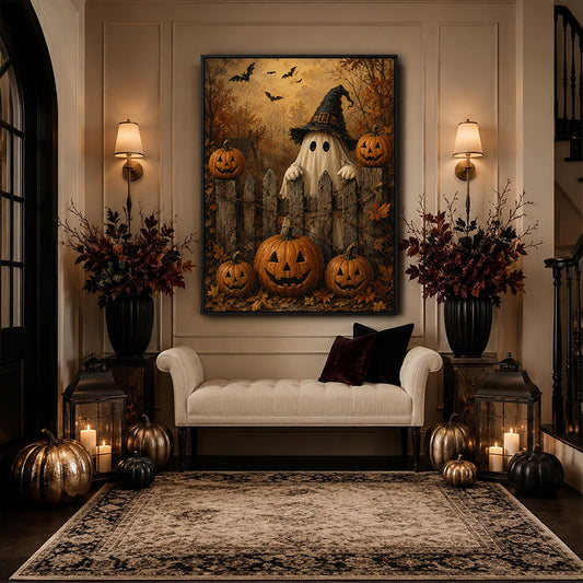 Vintage Ghost Witch Hat Pumpkin Fence Halloween Framed Wall Art Print