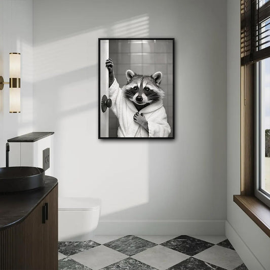 Black And White Raccoon In Bathrobe Opening Bathroom Door Canvas Wall Art Funny Modern Bathroom Wall Decor
