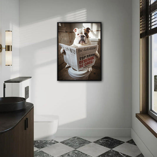 Funny English Bulldog On Toilet Reading Newspaper Wall Art, Quirky Dog Bathroom Canvas Print, Humorous Pet Restroom Wall Decor