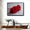Valentine Two Red Roses Canvas Wall Art, Dewy Red Roses on Rustic White Wood Plank Framed Canvas Print, Romantic Bedroom Farmhouse Wall Decor