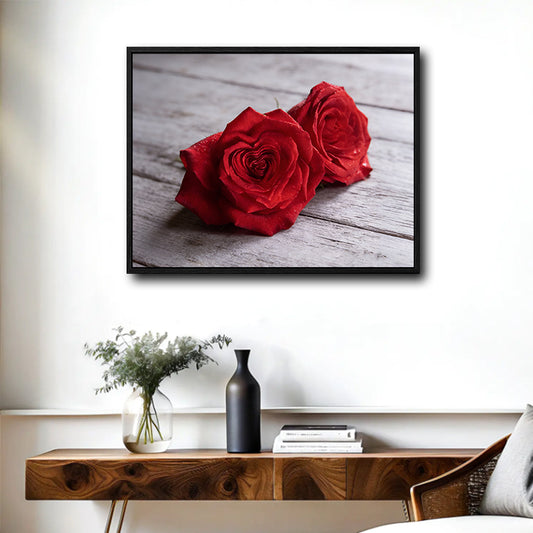 Valentine Two Red Roses Canvas Wall Art, Dewy Red Roses on Rustic White Wood Plank Framed Canvas Print, Romantic Bedroom Farmhouse Wall Decor