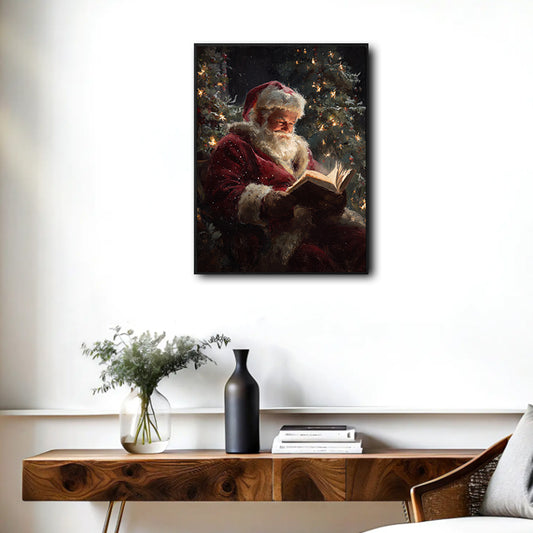 Festive Vintage Santa Claus Framed Wall Art, Santa Reading Book Christmas Oil Painting Style Decor for Holiday Gift
