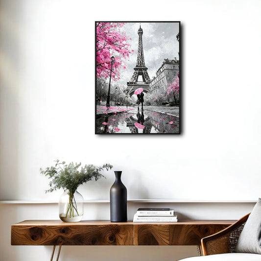 Valentine Paris Eiffel Tower Couple Canvas Wall Art, Romantic Couple With Pink Umbrella Cherry Blossom Framed Canvas Print, Love Themed Bedroom Wall Decor