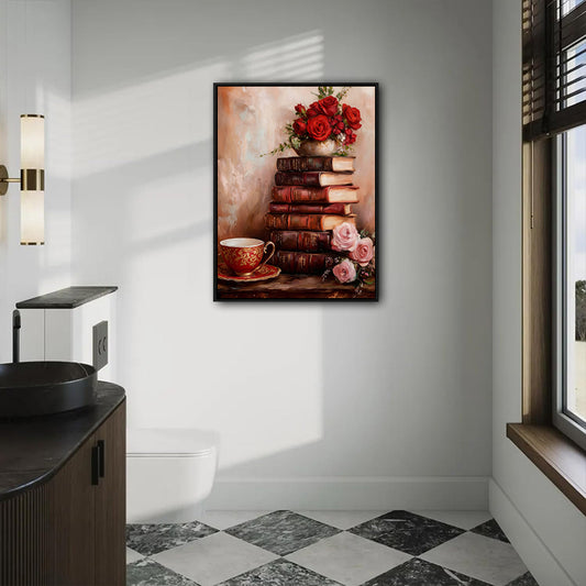 Valentine Vintage Book Stack Red Pink Rose Teacup Canvas Wall Art, Romantic Still Life Oil Painting Framed Canvas Print, Farmhouse Bedroom Library Wall Decor