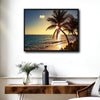 Tropical Palm Tree Beach Sunset Canvas Print, Golden Ocean Coastal Horizontal Wall Art