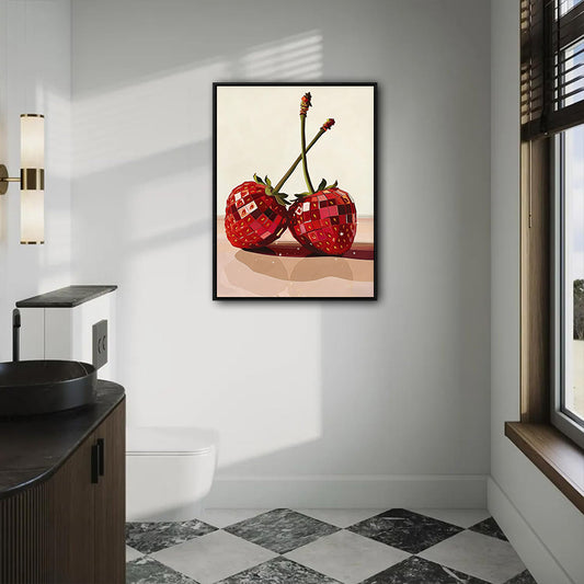 Valentine Disco Strawberry Canvas Wall Art, Retro Funky Red Disco Berry Framed Canvas Print, Romantic Trendy Kitchen Bedroom Aesthetic Wall Decor