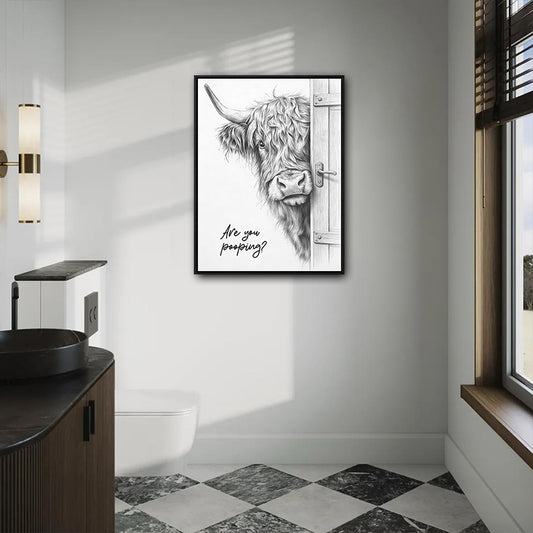 Funny Highland Cow Are You Pooping Canvas Wall Art Farmhouse Bathroom Decor
