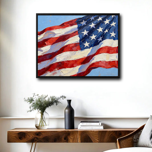 Textured Oil Painting American Flag Canvas Wall Art, Waving USA Flag Impasto Patriotic Farmhouse Canvas Print
