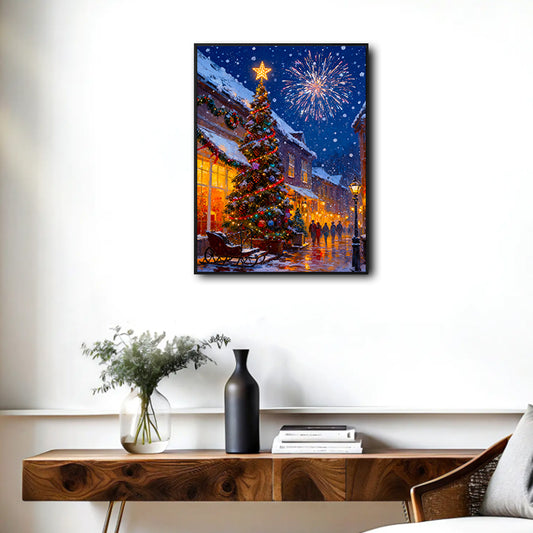 Vintage Christmas Night Canvas Print, Snowy Town Street with Christmas Tree Fireworks Wall Decor for Living Room