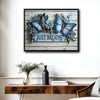 Farmhouse Relaxing Wall Decor, Two Blue Butterflies & Blue Flowers With Quote Just Breathe, Distressed White Wood Plank Background 3D Textured Look Horizontal Inspirational Canvas Artwork