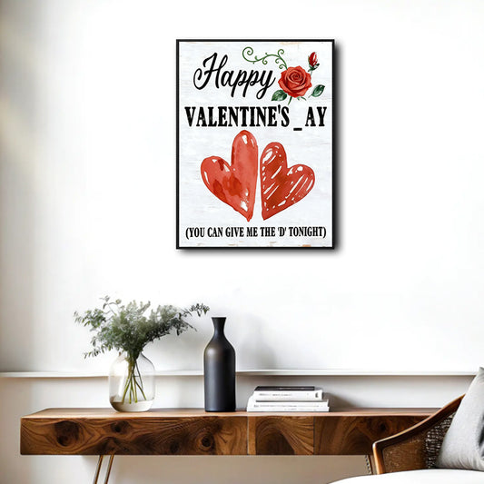 Funny Valentine’s Day Canvas Wall Art, Humorous Red Hearts Rose Vintage Farmhouse Framed Canvas Print, Quirky Couple Bedroom Wall Decor