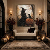 Gothic Witch Black Cat Pumpkin Canvas Print, Vintage Autumn Forest Halloween Wall Art