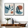 Set of 2 Teal Leaf Boho Botanical Abstract Canvas Wall Art Neutral Decor