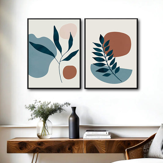 Set of 2 Teal Leaf Boho Botanical Abstract Canvas Wall Art Neutral Decor
