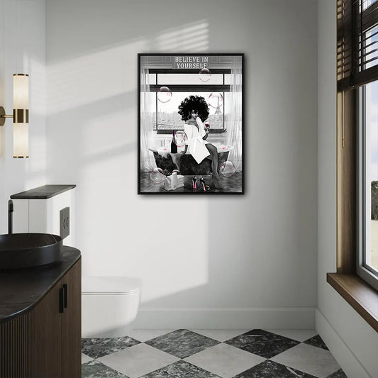 Glam Afro Woman Bathtub Canvas Print, Believe In Yourself Paris Eiffel Tower Motivational Bathroom Wall Art