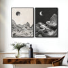 2 Piece Wabi Sabi Day Night Sun & Crescent Moon Mountain Contour Line Canvas Prints Neutral Oriental Modern Landscape Wall Art