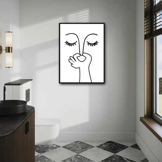 Abstract One Line Art Pinching Nose Face Canvas Wall Art Minimalist Funny Bathroom Wall Decor