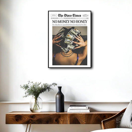 Retro Newspaper No Money No Honey Wall Canvas, Dollar Curlers Fashion Statement Print, Funky Maximalist Home Wall Decor