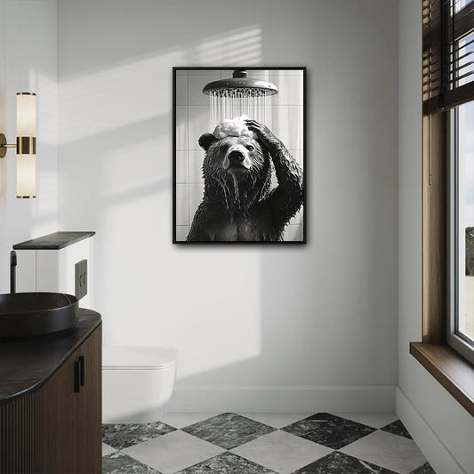 Funny Bear Showering Canvas Wall Art Black White Bathroom Wall Hanging