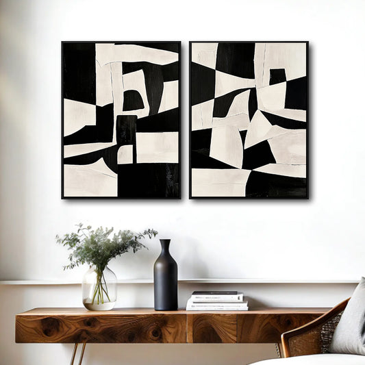 Set of 2 Black and White Geometric Abstract Canvas Wall Art Textured Block Shapes Minimalist Framed Wall Decor Living Room Bedroom